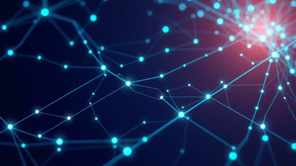 Abstract network nodes and data flows on deep navy with teal accents