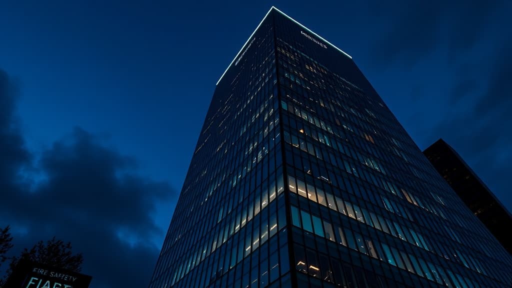 Modern UK office tower at twilight with fire safety signage