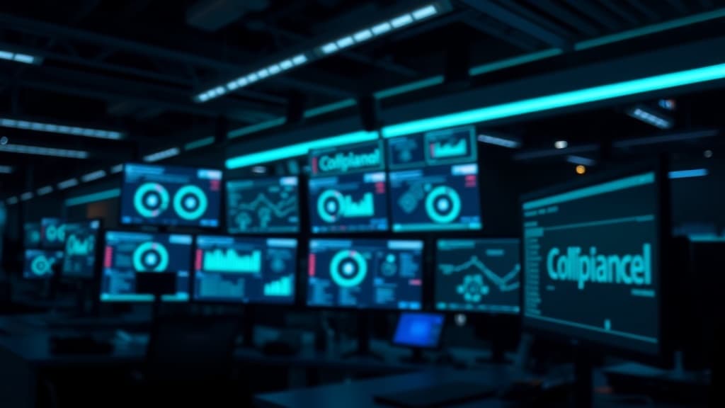 Modern facilities operations centre at night with compliance dashboards on screens