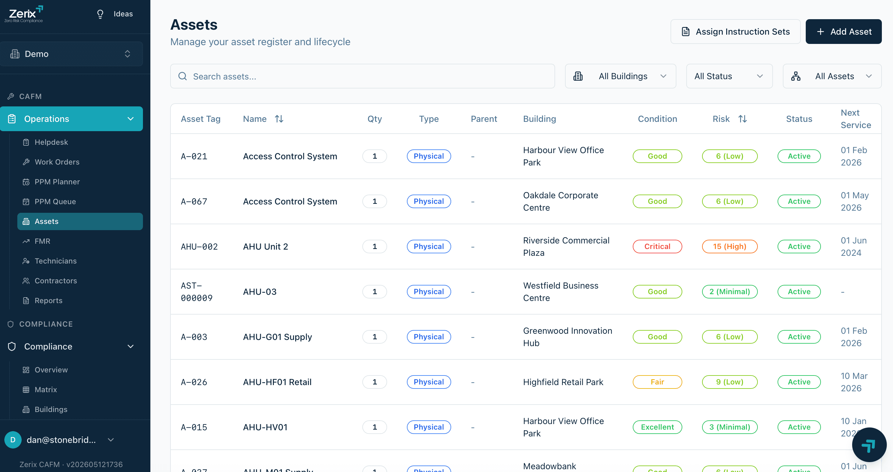 Zerix asset list: physical assets organised by building and system