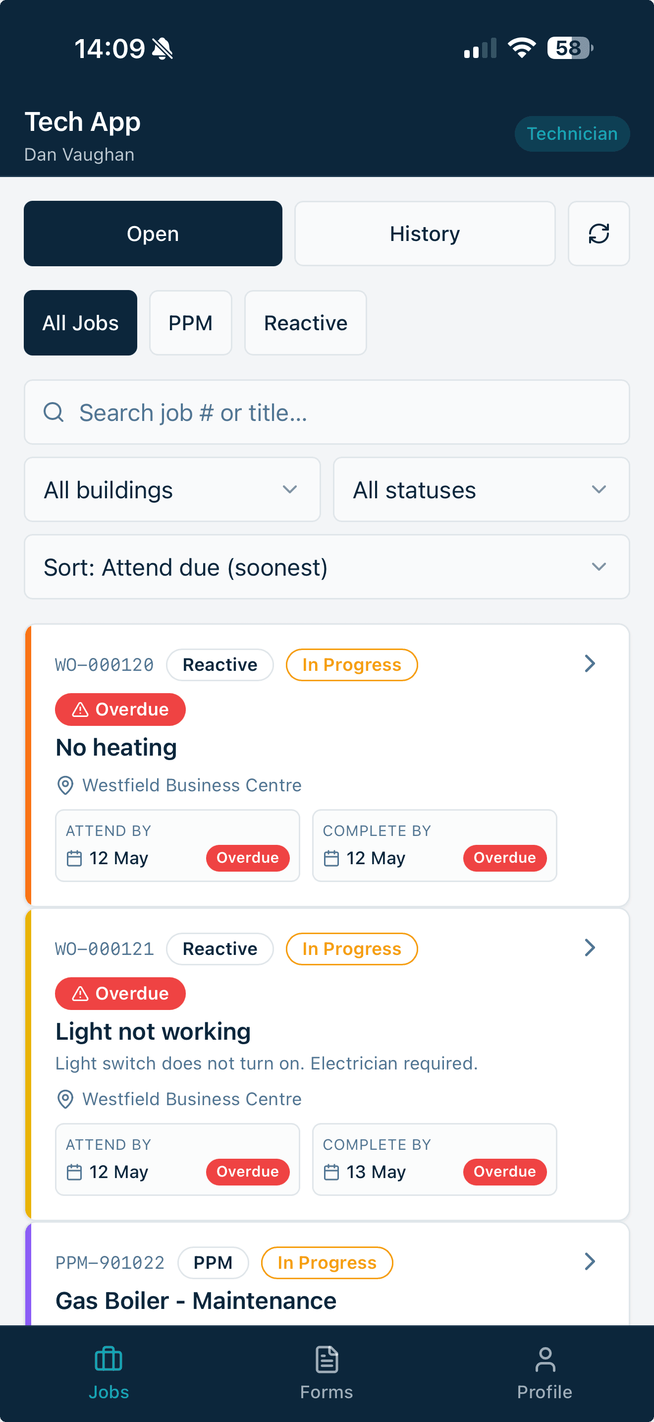 Zerix technician mobile interface with assigned jobs